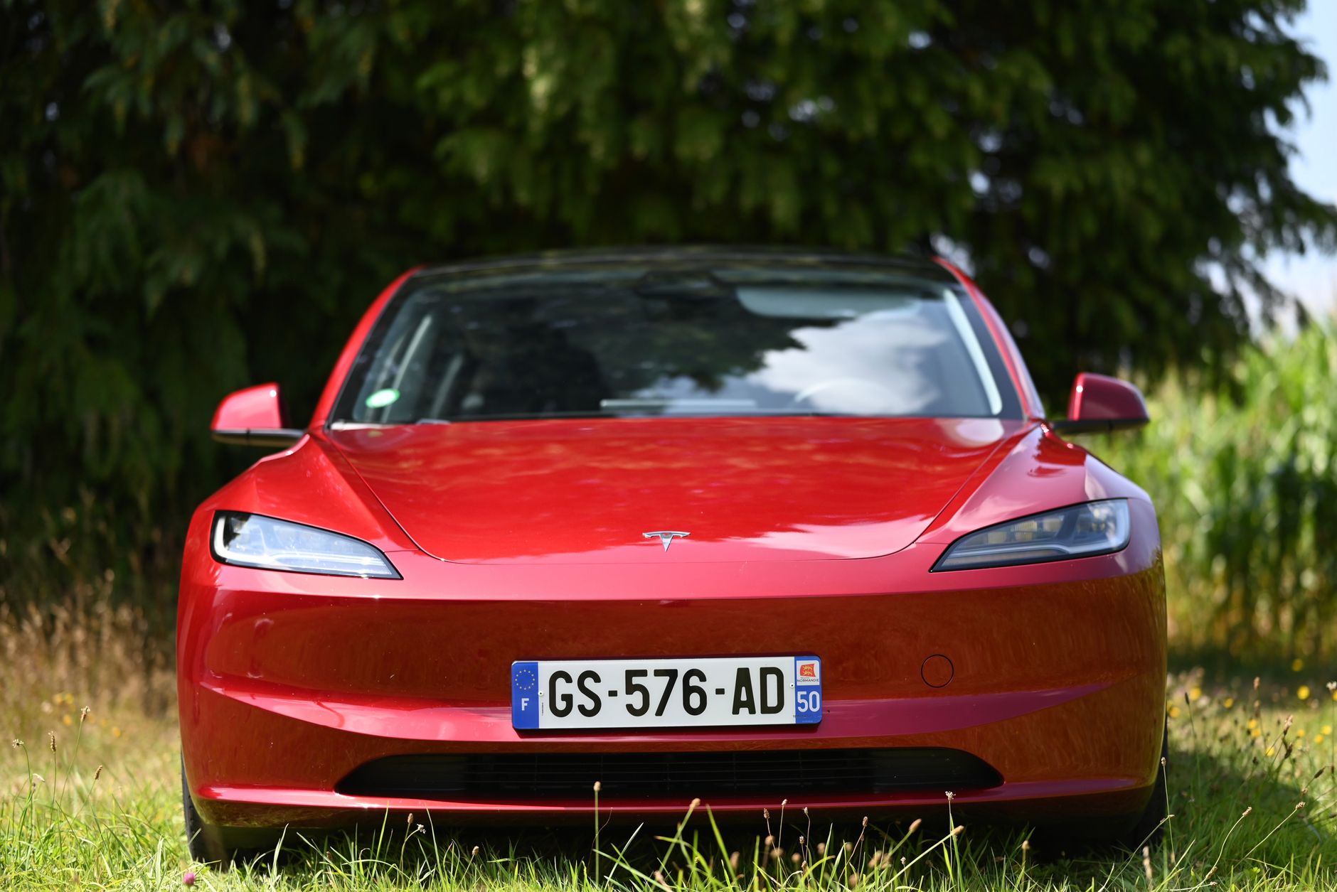 A striking red electric car parked outdoors with lush green trees in the background.