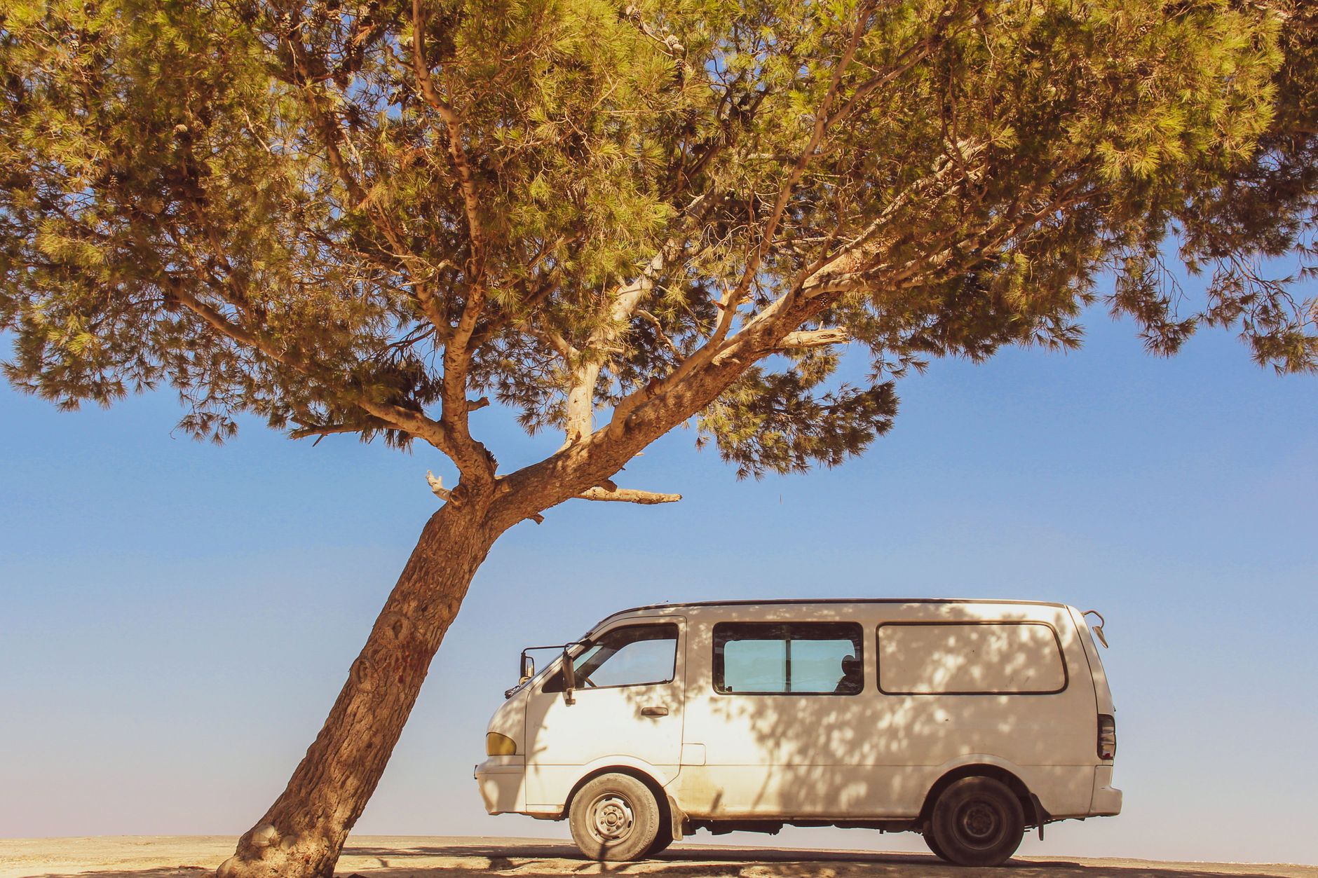 A white van is parked in the shade of a large tree under a clear blue sky, exemplifying serene outdoor travel setting.