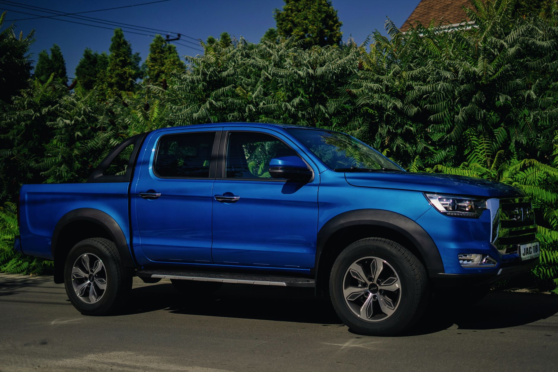 A blue pickup truck parked on a sunny day in Kyiv, Ukraine, surrounded by lush greenery.