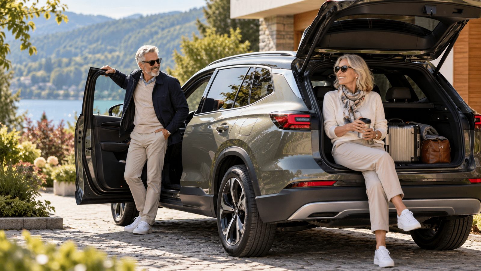 Seniorsr driving a car in Portugal on a sunny day.