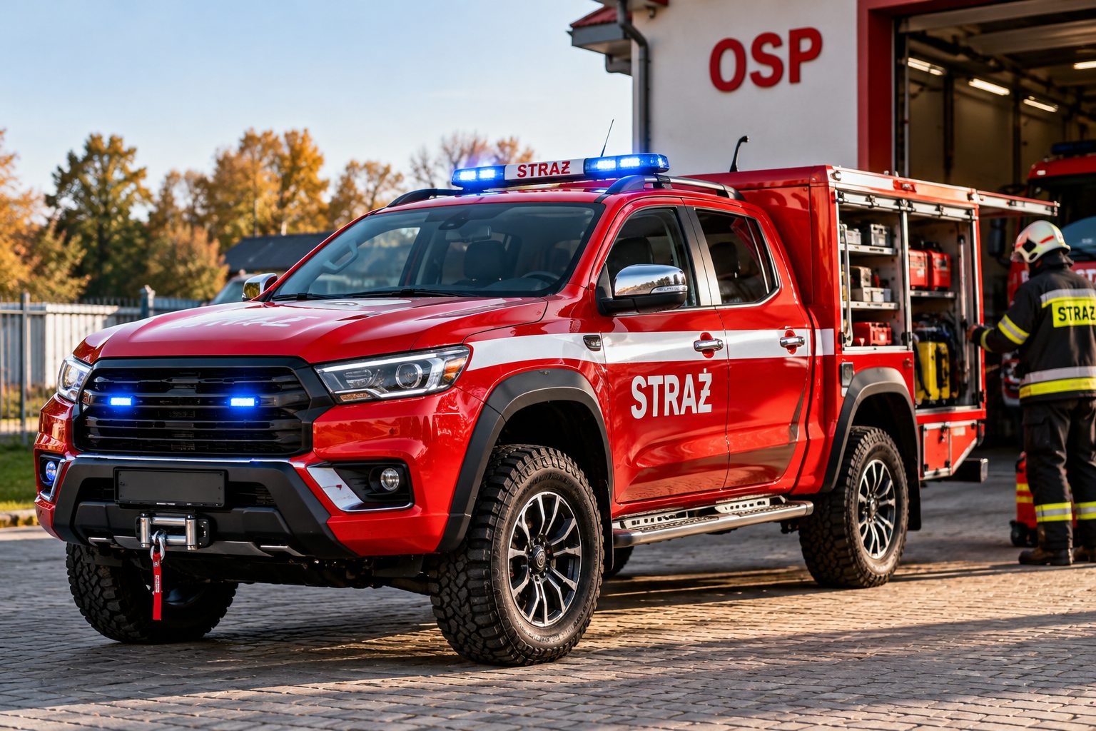Czerwony lekki samochód ratowniczy pickup 4x4 OSP z wyposażeniem strażackim przed remizą.