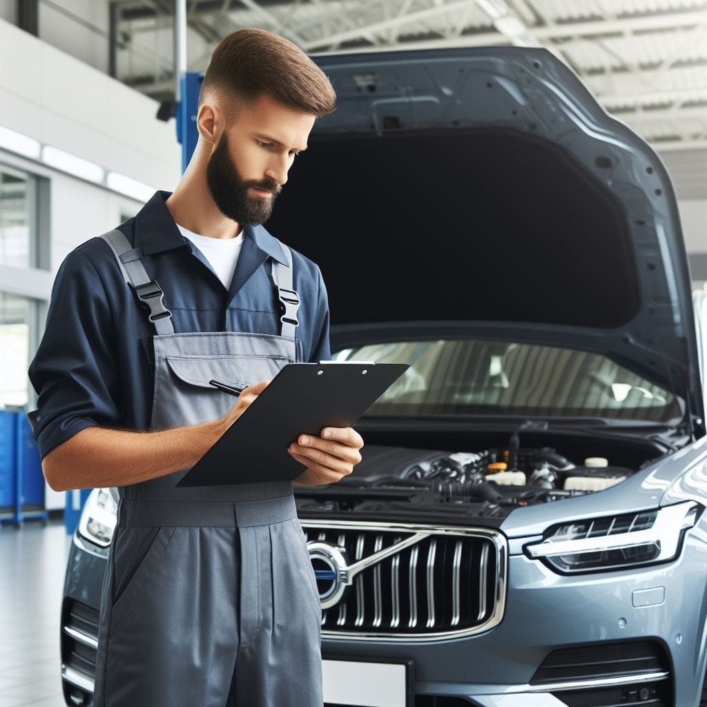 Mechanik samochodowy robi przegląd w serwisie volvo