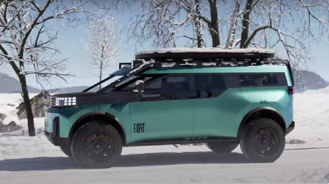 FIAT kamper w zimowym krajobrazie z widocznymi oponami terenowymi.