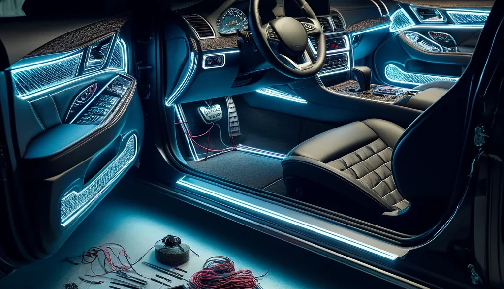 Luksusowe wnętrze samochodu podświetlone niebieskimi światłami LED z otwartymi drzwiami i elektronicznymi narzędziami na ziemi