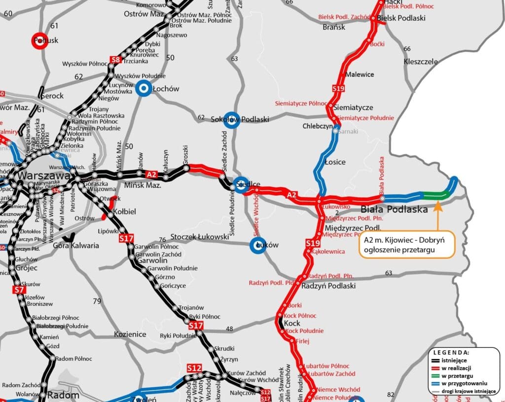 A2 na wschód i zachód od Warszawy