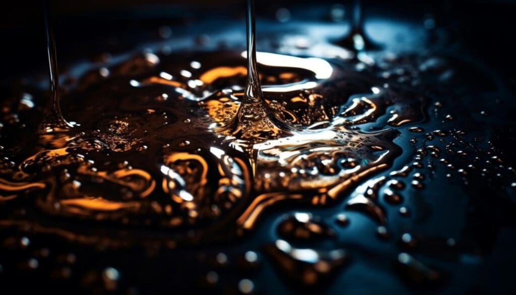 Makrofotografia lejącego się oleju na ciemnym tle z refleksami światła i detalami kropli.