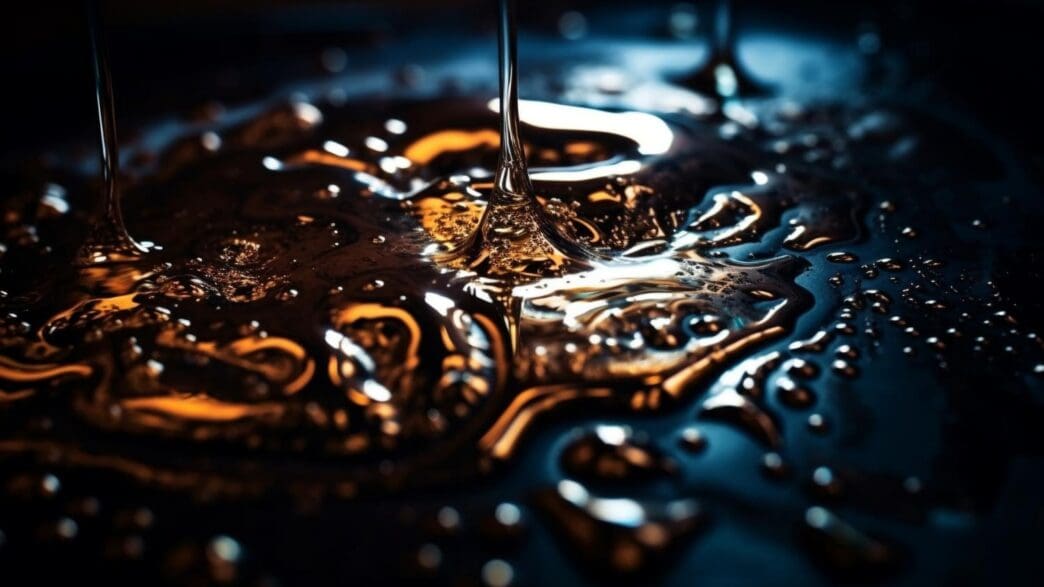 Makrofotografia lejącego się oleju na ciemnym tle z refleksami światła i detalami kropli.