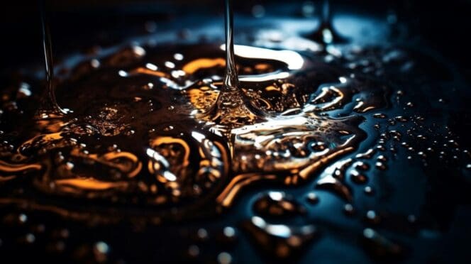 Makrofotografia lejącego się oleju na ciemnym tle z refleksami światła i detalami kropli.