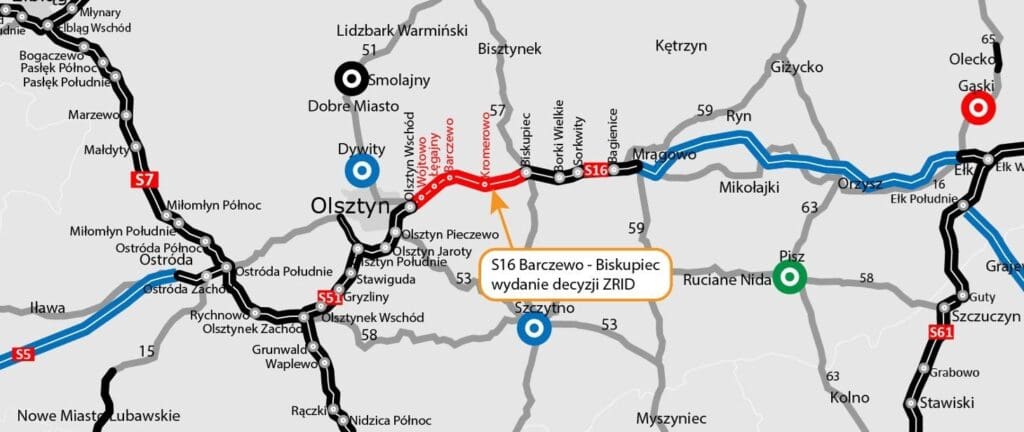 Ekspresówka S16 Barczewo-Biskupiec, droga S16 Olsztyn Wschód-Barczewo