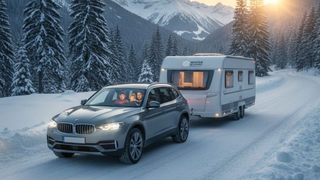 podróż z przyczepą kempingową zimą