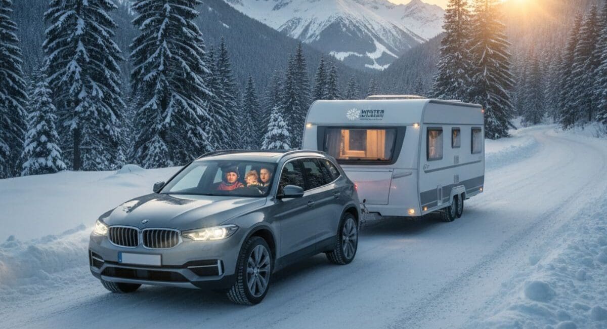 podróż z przyczepą kempingową zimą