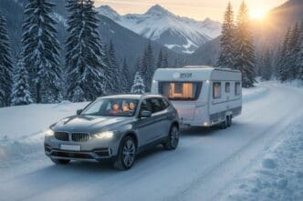 podróż z przyczepą kempingową zimą