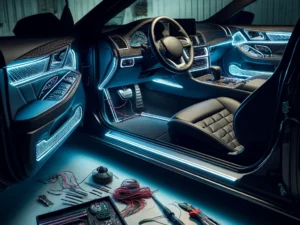 Luksusowe wnętrze samochodu podświetlone niebieskimi światłami LED z otwartymi drzwiami i elektronicznymi narzędziami na ziemi