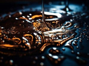 Makrofotografia lejącego się oleju na ciemnym tle z refleksami światła i detalami kropli.