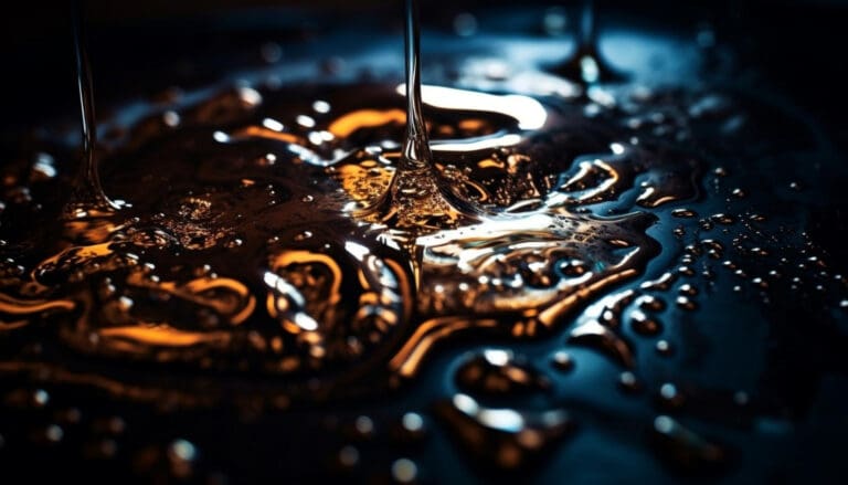 Makrofotografia lejącego się oleju na ciemnym tle z refleksami światła i detalami kropli.