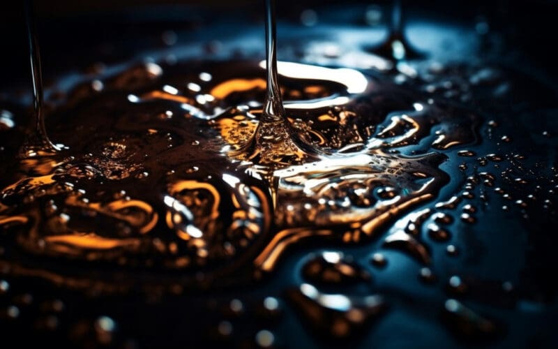 Makrofotografia lejącego się oleju na ciemnym tle z refleksami światła i detalami kropli.